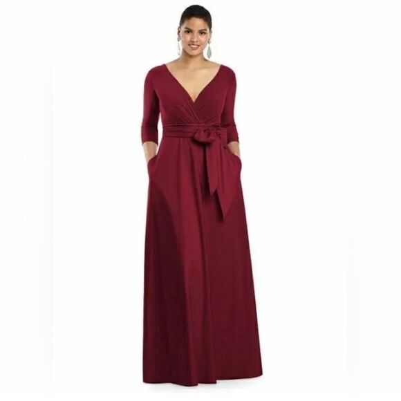 New Alfred Sung Burgundy Mikado 3/4 Sleeve V Neck‎ Gown Size 2 - Picture 1 of 9